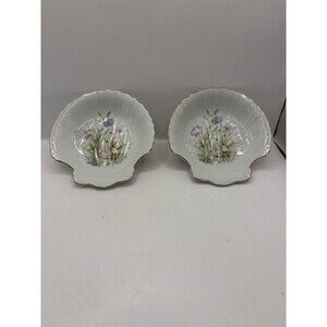 Vintage Set Of 2 Made In Japan Floral Print Shell Shaped Trinket Jewelry Dish